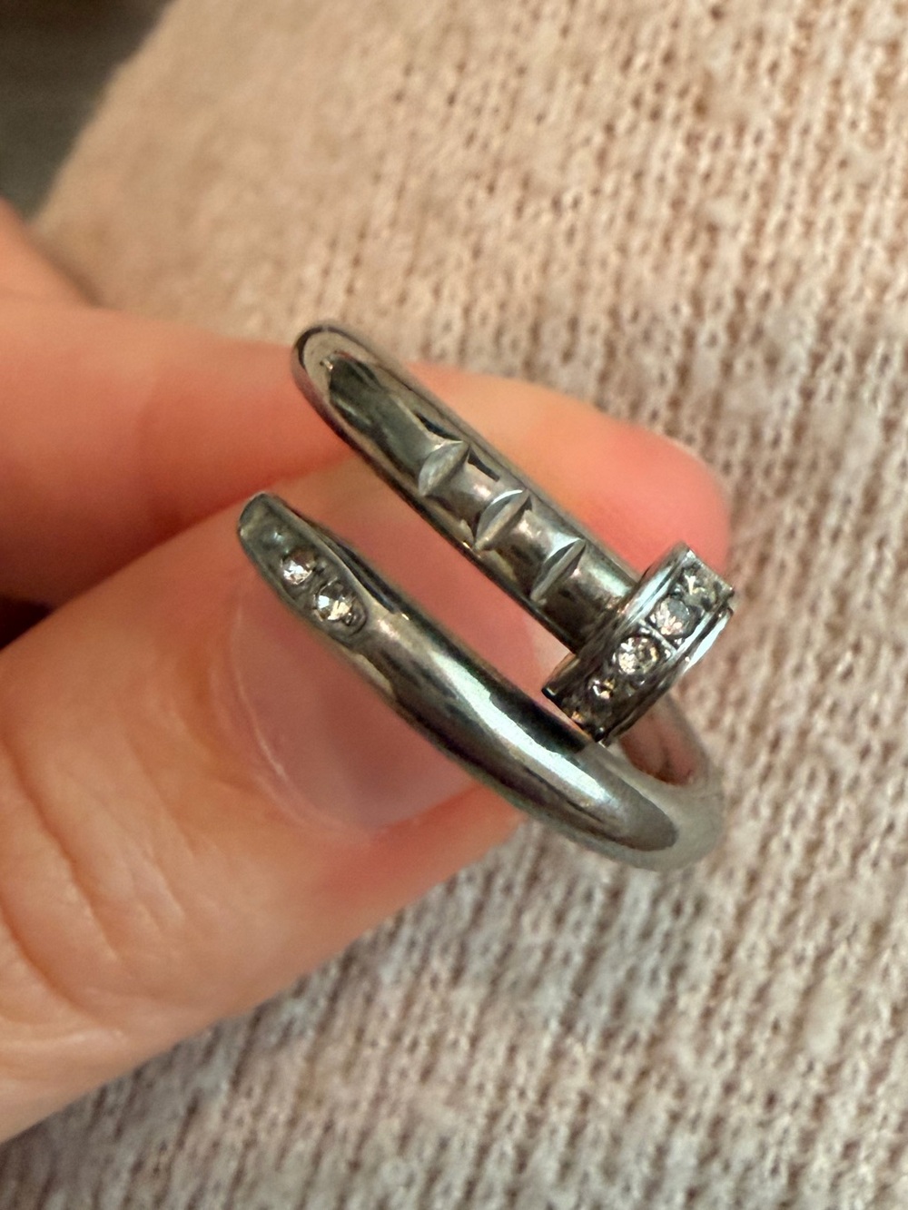 Cartier Marked Silver Nail Wrap Ring with Clear Stones